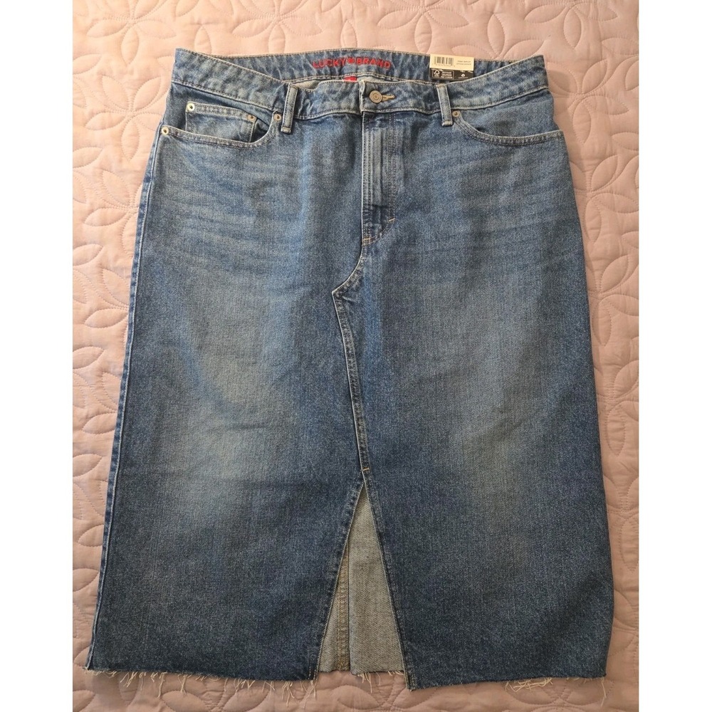 Lucky Brand Midi Denim Skirt Frayed Hem Blue Medium Wash Size 16 NWT
